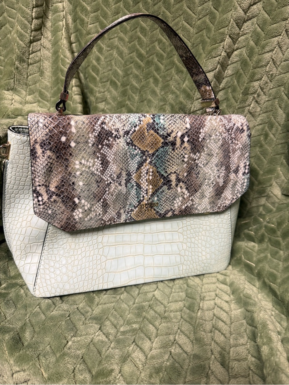 Guess Snake-Print Flap Tote Bag in Cream and Multicolor